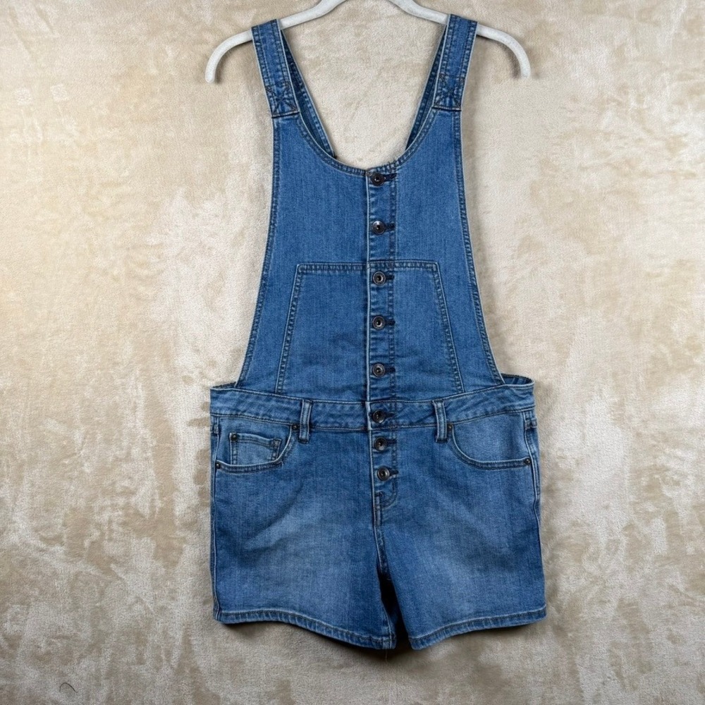 Free People Womens W29 Denim Shortalls Medium Wash Button Front Overalls